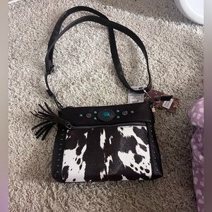 Cow Print Crossbody Bag with Turquoise Accents
